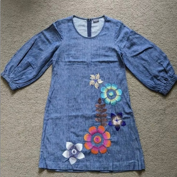 Gorman Floral Embroidery Blue Denim Linen Dress - XS - Picture 3 of 4